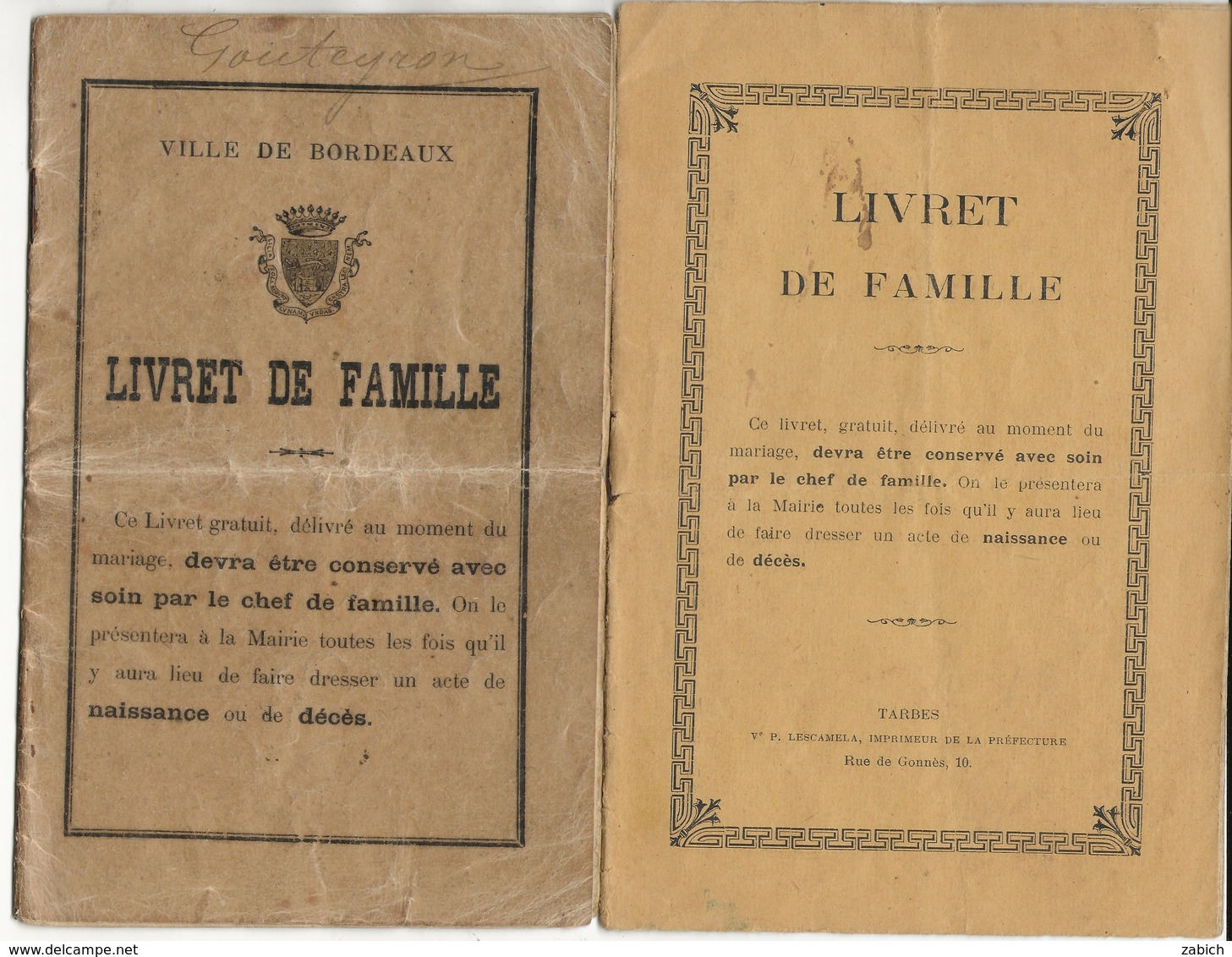 VIEUX PAPIERS 2 LIVRETS DE FAMILLE DE BORDEAUX 1909 Et TARBES 1905 - Non Classés