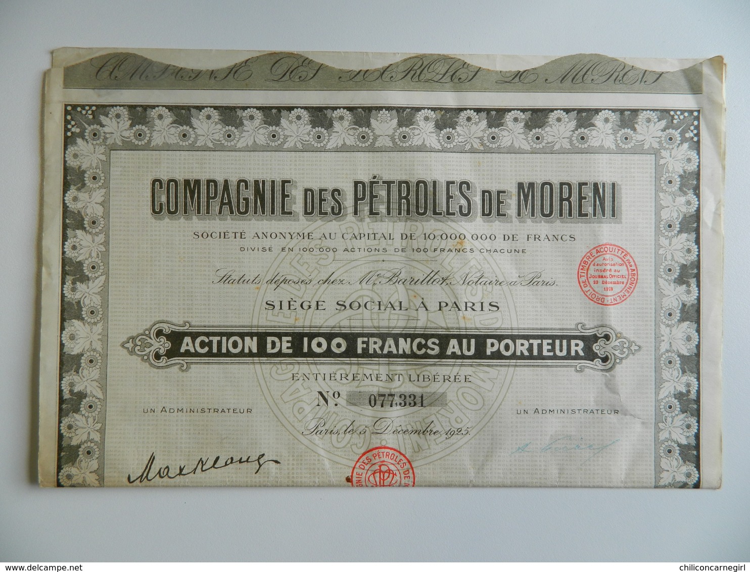 Action De Cent Francs Au Porteur - COMPAGNIE DES PETROLES DE MORENI - 1925 - Notaire BARILLOT - Petrolio