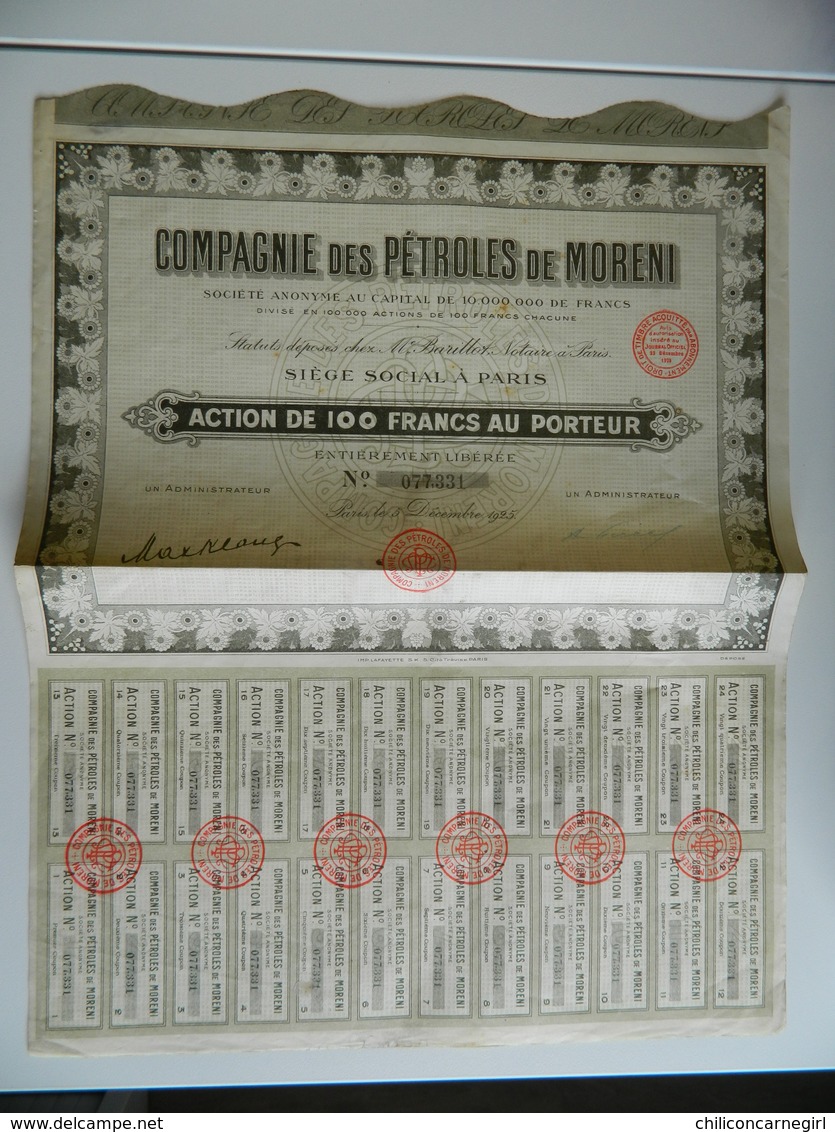 Action De Cent Francs Au Porteur - COMPAGNIE DES PETROLES DE MORENI - 1925 - Notaire BARILLOT - Aardolie