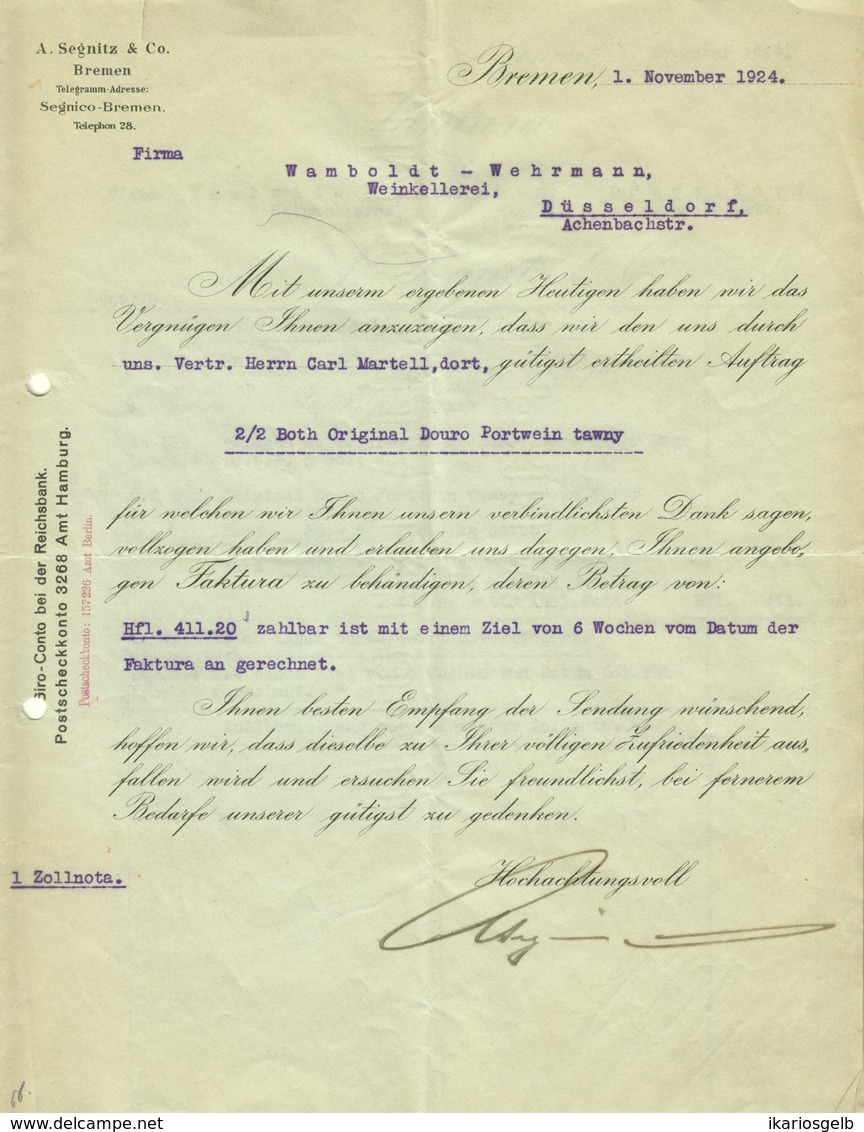 BREMEN Rechnung 1924 " A.Segnitz & Co - Portwein-Import " - Alimentaire