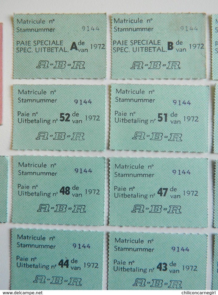 17 Coupons PAIE De 1972 N° 39 à 52 - 4 Coupons A B C D Paie Spéciale Matricule N° 9144 - A.B.R. - 1 Ticket à Identifier - Collections