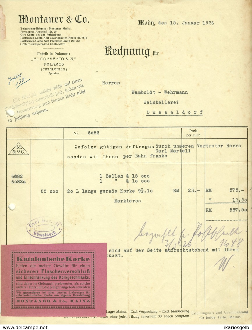 MAINZ Rechnung 1926 " Montaner & Co - Fabrik Katalonischer Flaschenkorken Für Weinhandlungen " - Agricoltura