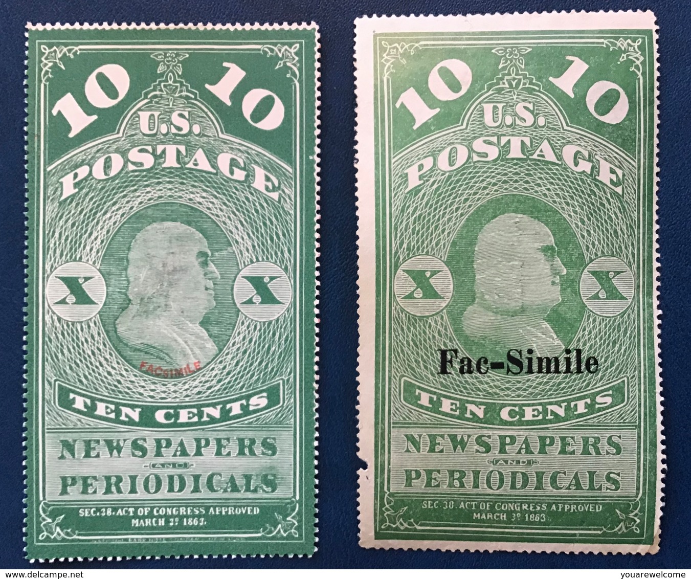 US 1865 Newspaper And Periodical Stamps 19th C. FORGERY Scott PR2 Five Facsimile (USA FAUX FALSCH Timbres Pour Journaux - Journaux & Périodiques