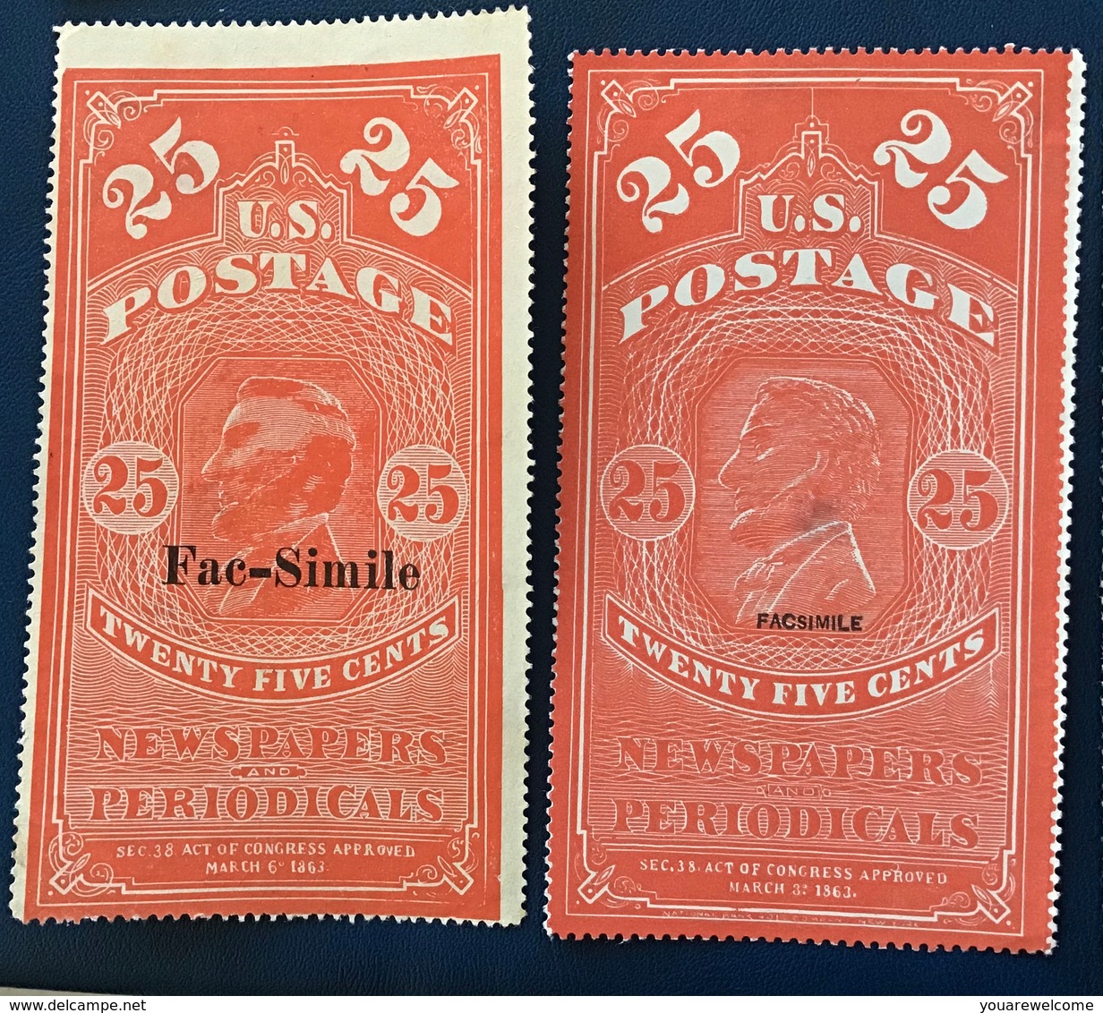 US 1865 Newspaper And Periodical Stamps 19th C. FORGERY Scott PR2 Five Facsimile (USA FAUX FALSCH Timbres Pour Journaux - Zeitungsmarken & Streifbänder