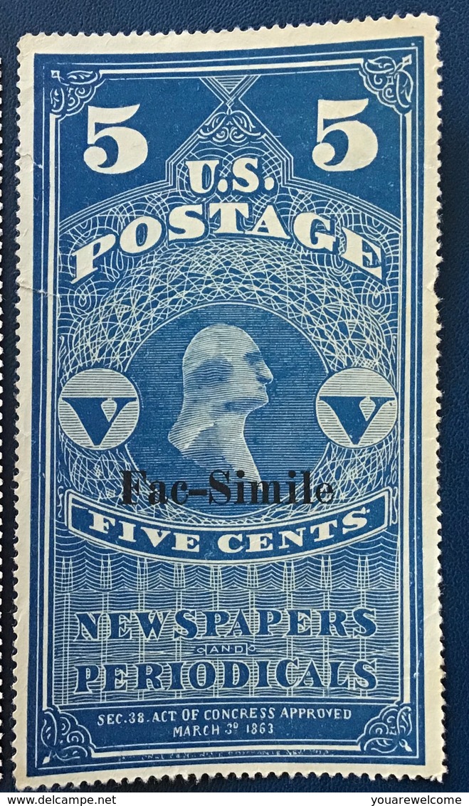 US 1865 Newspaper And Periodical Stamps 19th C. FORGERY Scott PR2 Five Facsimile (USA FAUX FALSCH Timbres Pour Journaux - Zeitungsmarken & Streifbänder