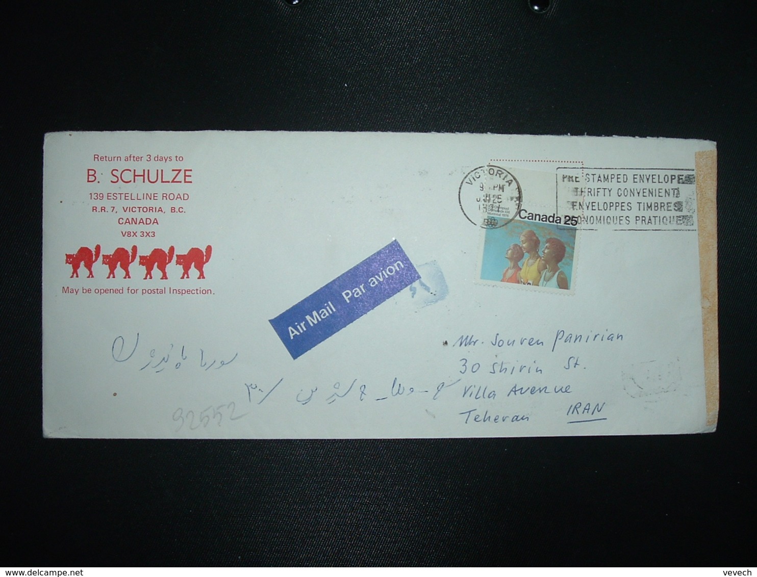 LETTRE Pour IRAN TP MONTREAL 1976 XXI OLYMPIAD 25 OBL.MEC. JAN 25 1977 VICTORIA + B. SCHULZE + 4 CHATS - Lettres & Documents