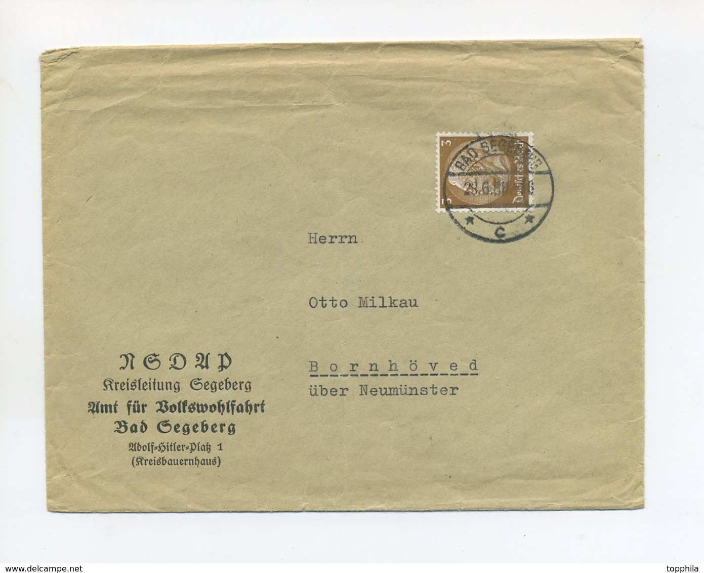 1938 3. Reich NSDAP Dienststellenbrief NSDAP Kreisleitung Bad Segeberg Volkswohlfahrt Mit 3 Pfg Hindenburg - Brieven En Documenten