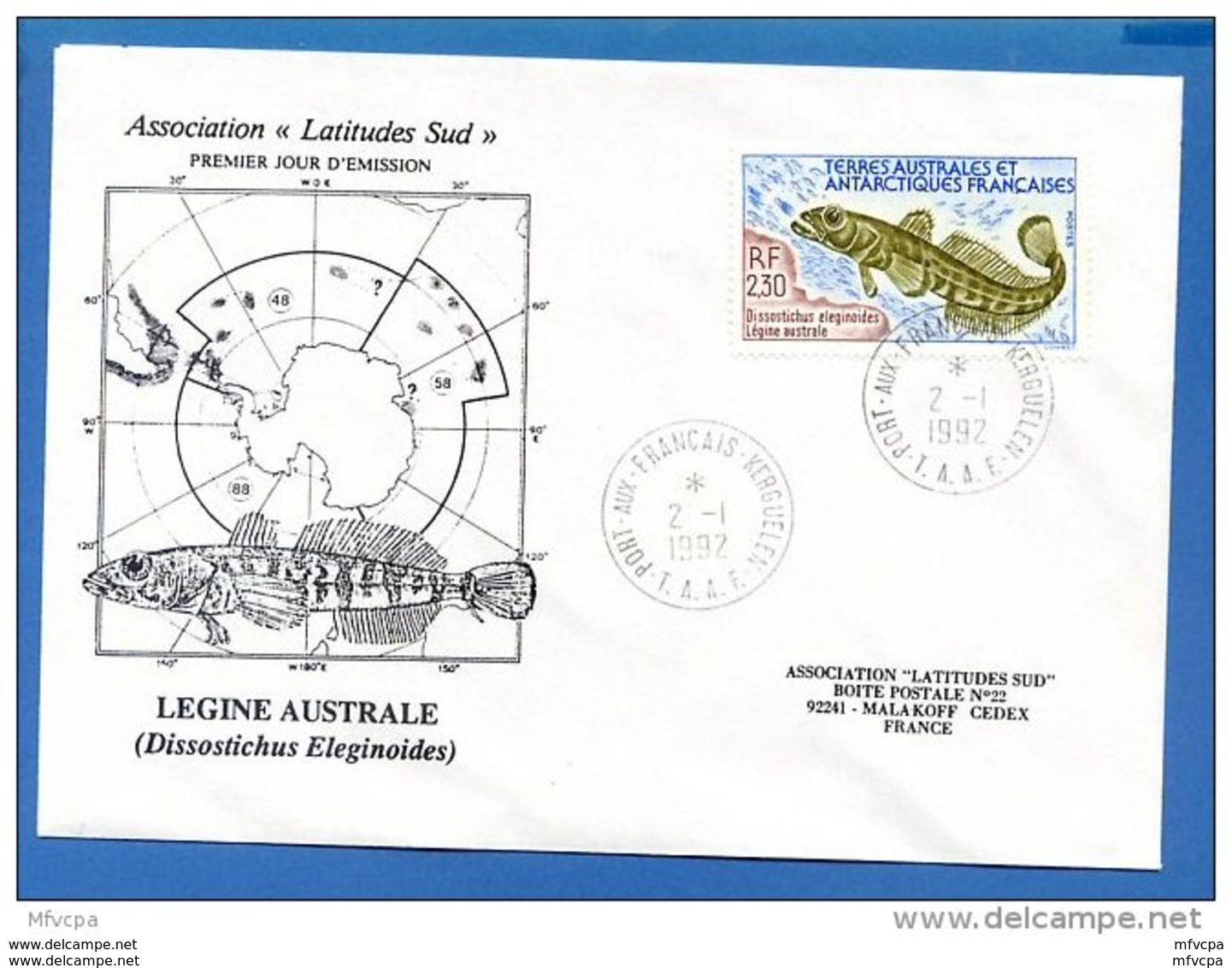 L4H100  TAAF 1992 Poissons FDC Port Aux Français Kerguelen 02 01 1992 Legine Australe 2,30 - FDC