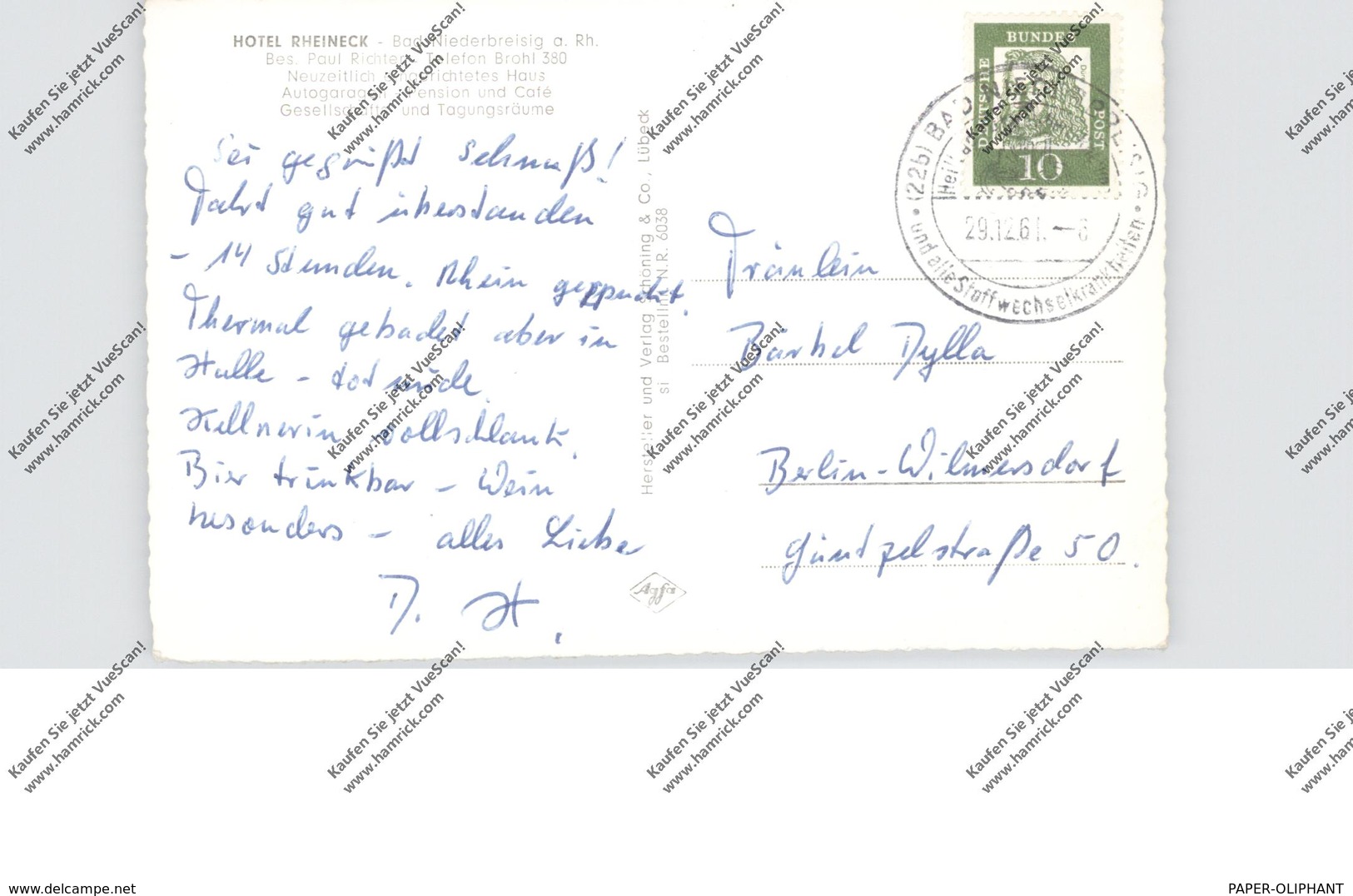 5484 BAD NIEDERBREISIG, Hotel Rheineck, Kirche, Schloß Rheineck, Köln-Düsseldorfer, 1961 - Bad Breisig