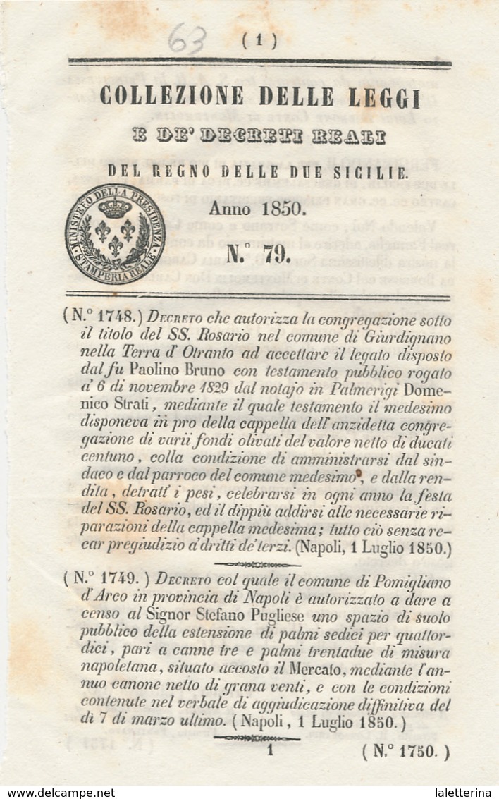 1850 REGNO DELLE DUE SICILIE DECRETO GIURDIGNANO OTRANTO + POMIGLIANO D'ARCO - Décrets & Lois