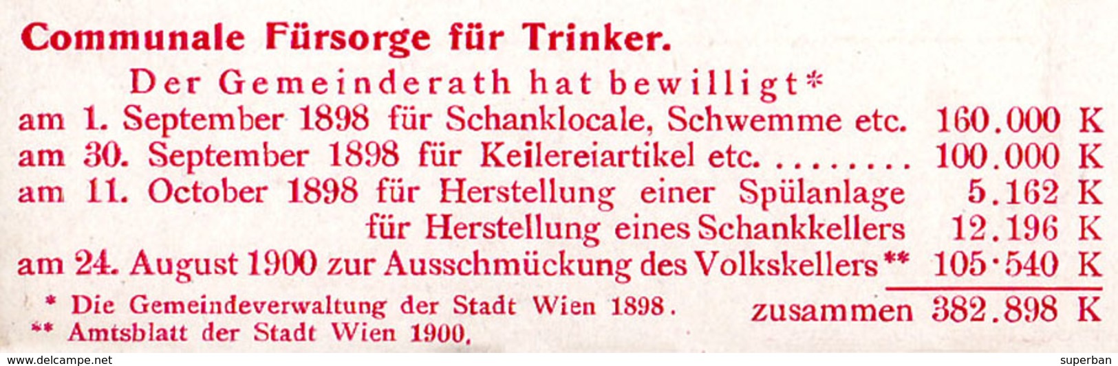 WIENER RATHAUS KELLER : VEREIN Der ABSTINENTEN / FÜRSORGE Für TRINKER - PRÉCURSEUR / FORERUNNER : 1900 - RRR !!! (ae364) - Autres & Non Classés