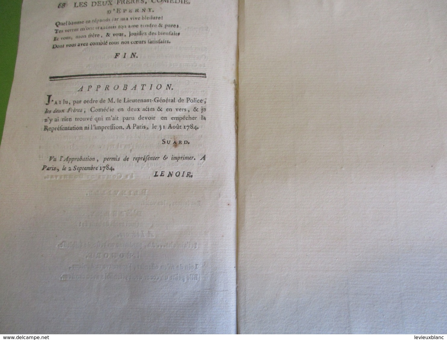 Fascicule Théâtre/"Les deux Fréres"/Comédie en deux actes & en vers/MILCENT/1785  FAT19