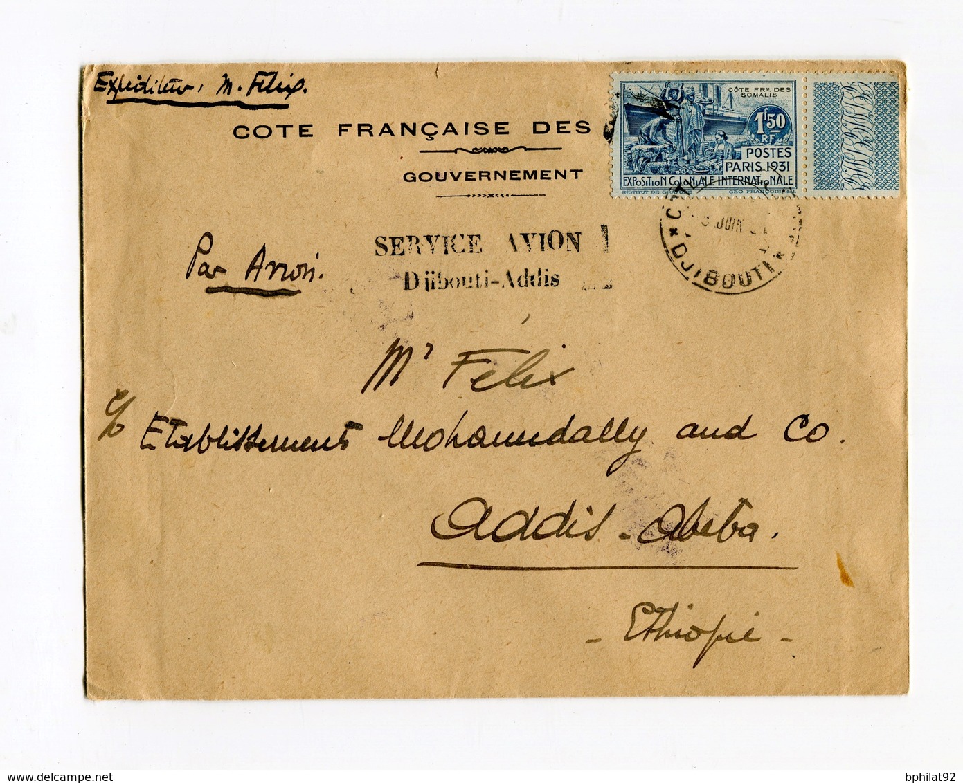 !!! COTE DES SOMALIS, SERVICE AERIEN DJIBOUTI - ADDIS ABEBA JUIN 1931 - Storia Postale