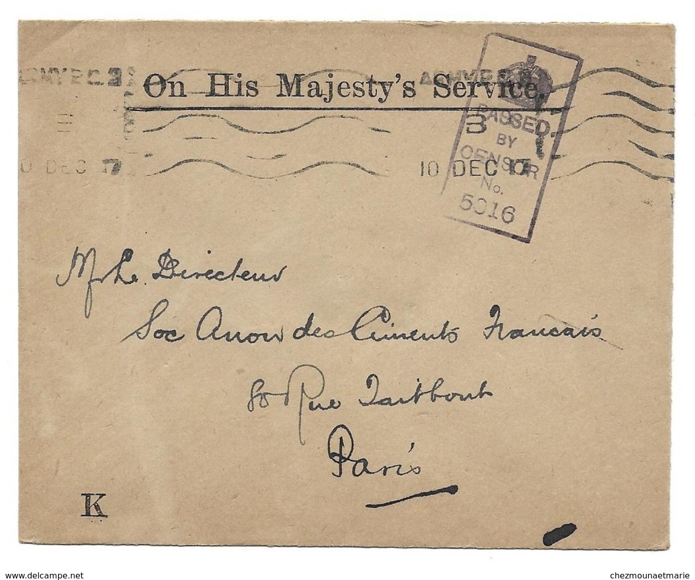 ON HIS MAJESTY S SERVICE PASSED BY CENSOR N° 5016 POUR CIMENTS FRANCAIS PARIS - SUR ENVELOPPE - 1914-18