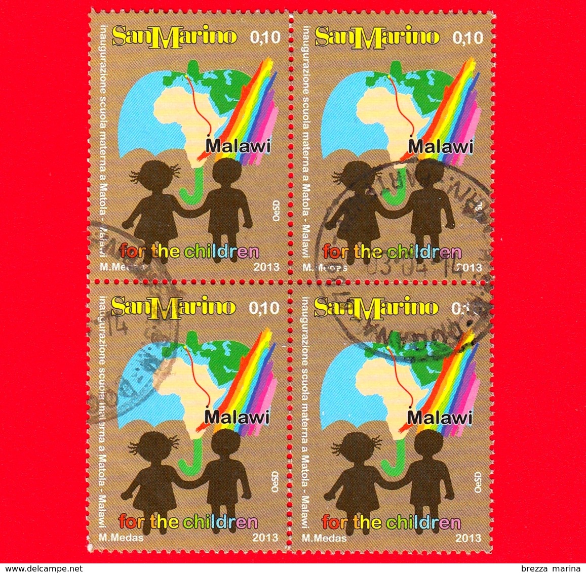SAN MARINO - Usato - 2013 - Inaugurazione Della Scuola Materna A Matola, Malawi - 0,10 € - Bambini Stilizzati - Quartina - Used Stamps