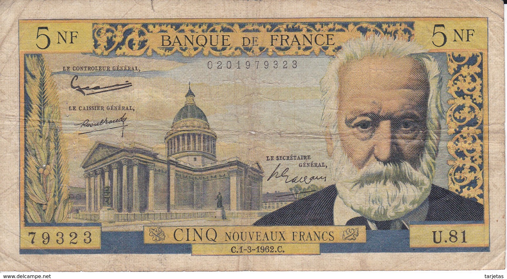 BILLETE DE FRANCIA DE 5 FRANCOS DEL 1-3-1962 DE VICTOR HUGO  (BANKNOTE) - 5 NF 1959-1965 ''Victor Hugo''