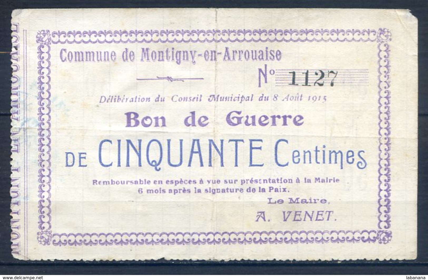 479-Montigny-en-Arrouaise Billet De 50c 1915 RARE - Bons & Nécessité