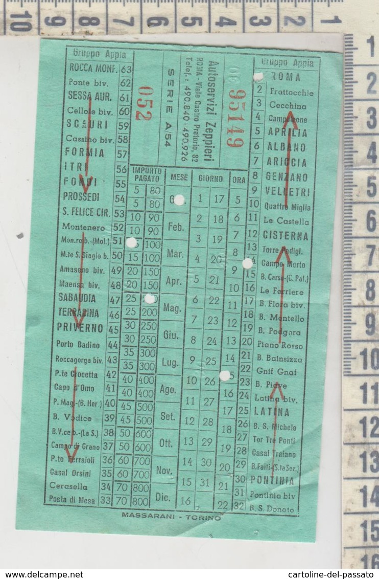 Biglietto Autoservizi Zeppieri Rocca Monfina Caserta / Cisterna 1955 - Europa