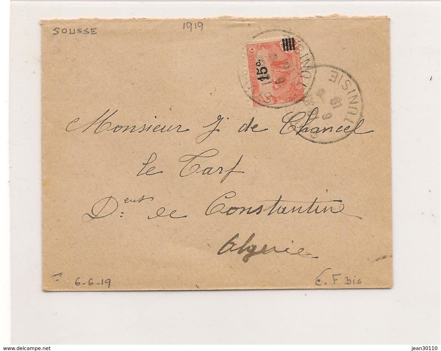 1918 ENVELOPPE  DE TUNISIE  POUR ALGERIE - Lettres & Documents