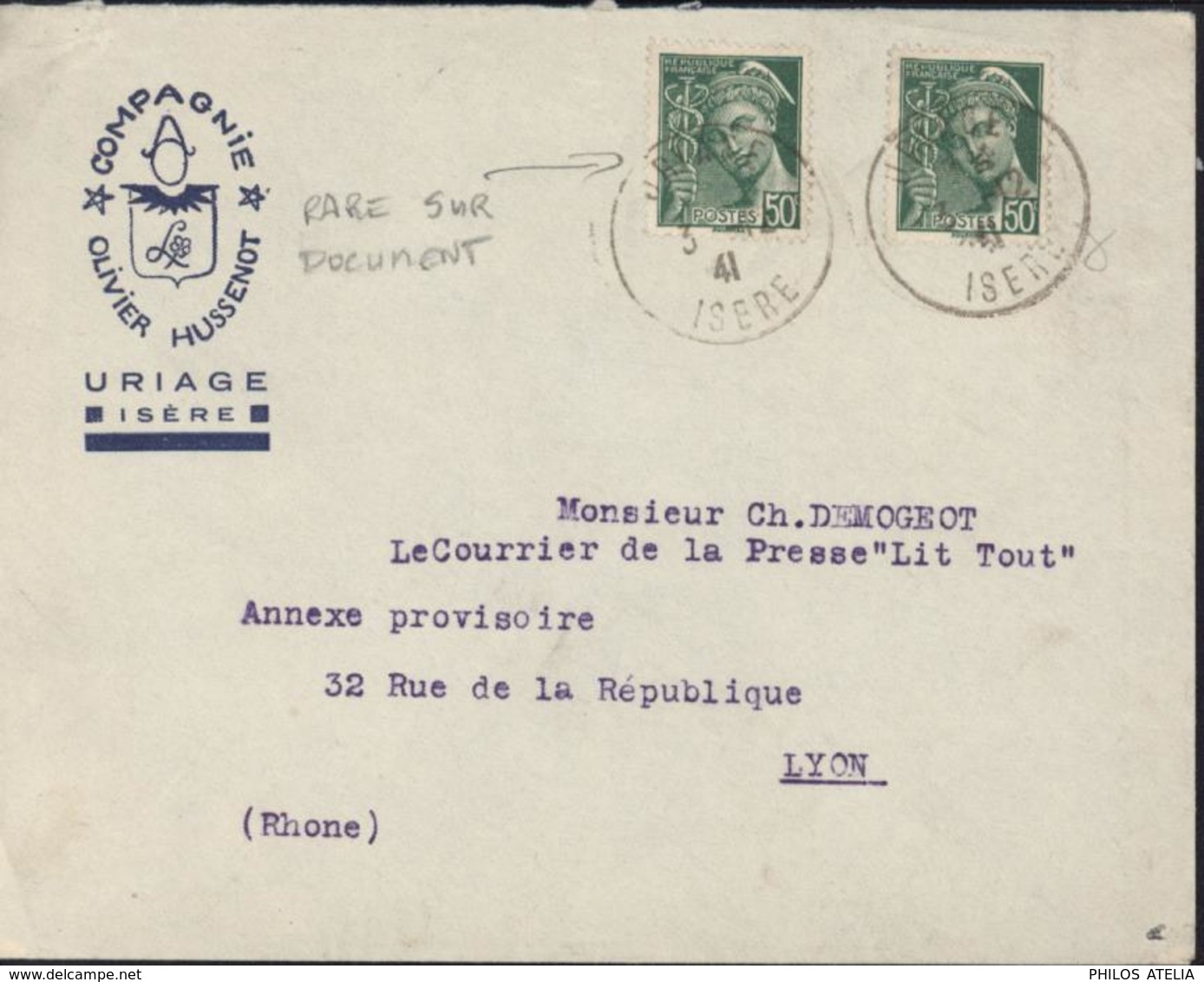 YT 414 B X2 Mercure 50ct Rare Sur Lettre CAD Uriage 3 12 1941 Enveloppe Compagnie Olivier Hussenot - Oblitérés