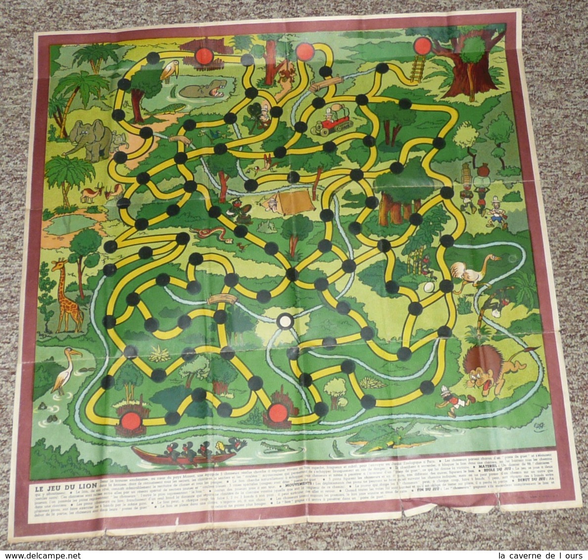 A Voir Rare Piste De Jeu Ancienne, Illustrée Par ERIK, Le Jeu Du Lion, Années 1940's, Pirogue Afrique Colons, Règles - Otros & Sin Clasificación