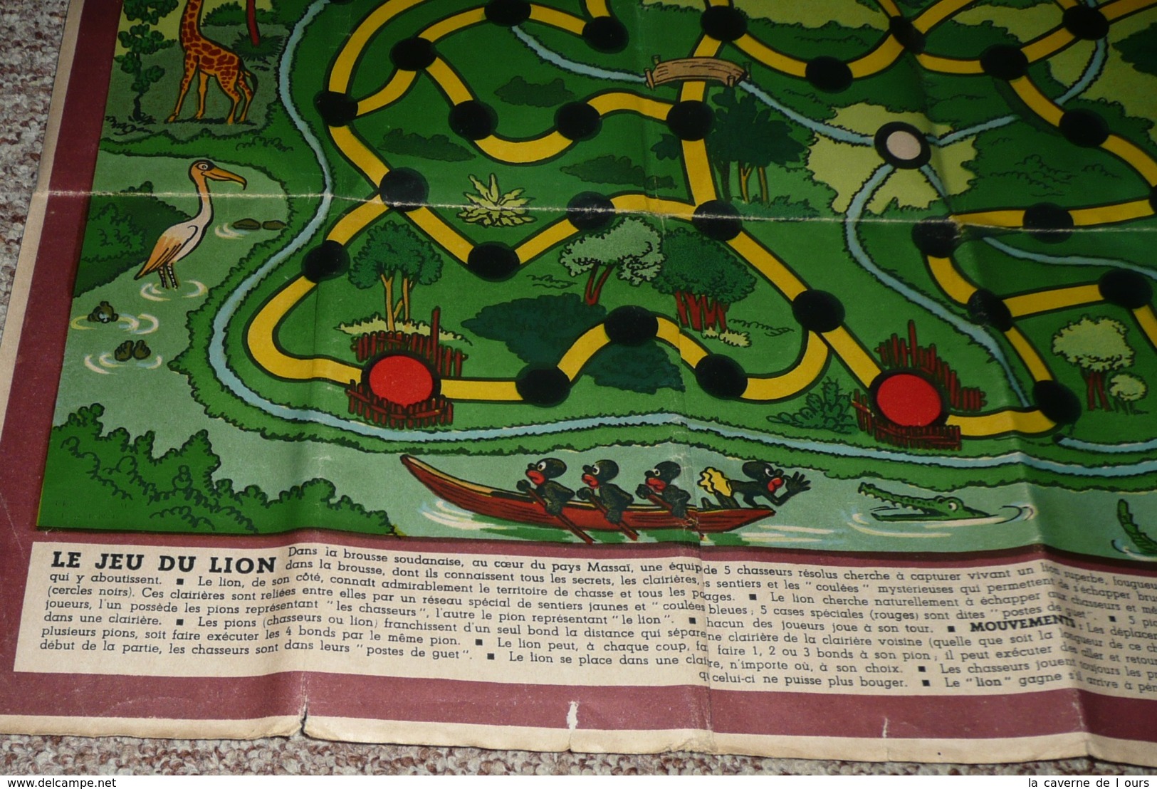 A Voir Rare Piste De Jeu Ancienne, Illustrée Par ERIK, Le Jeu Du Lion, Années 1940's, Pirogue Afrique Colons, Règles - Otros & Sin Clasificación