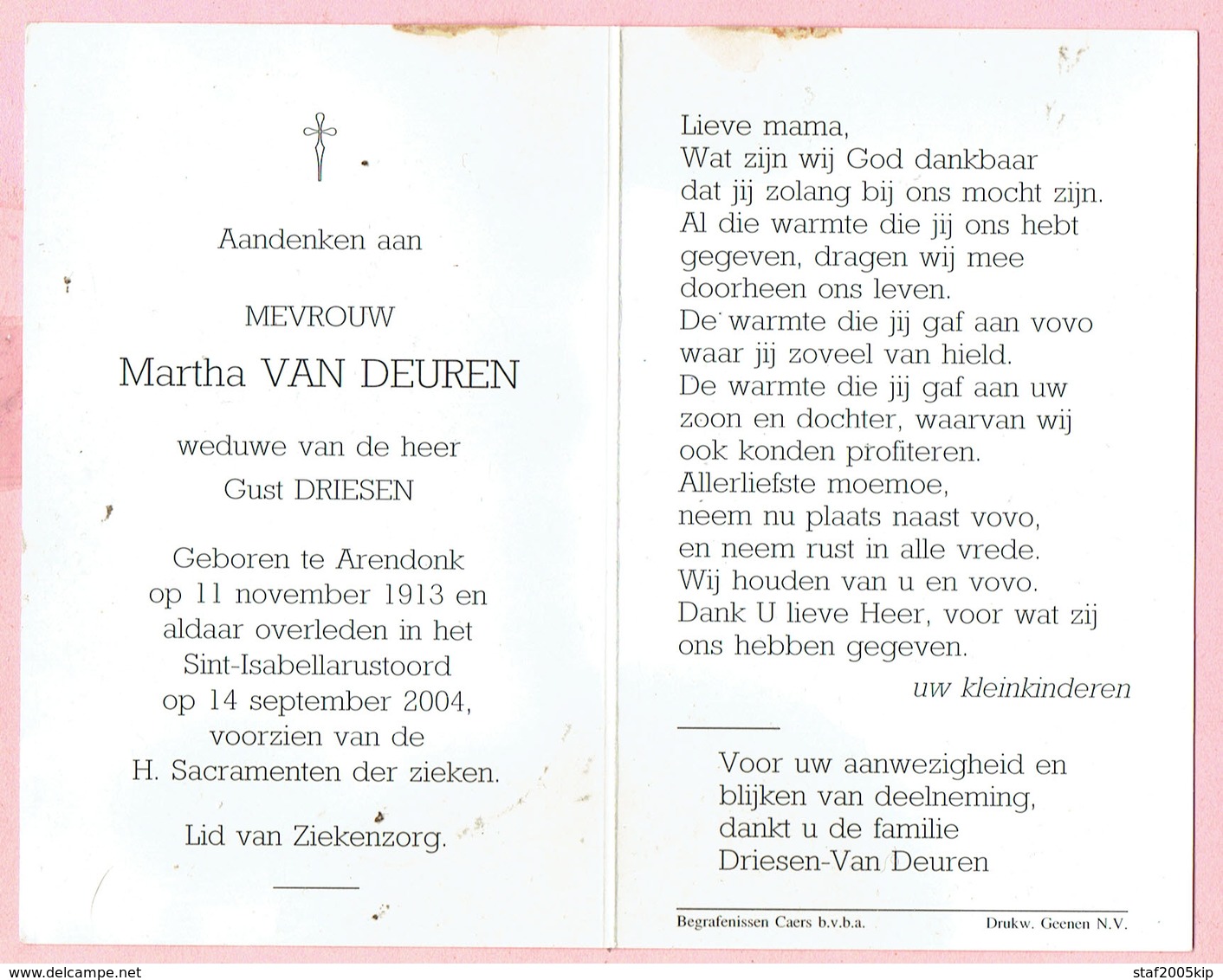 Bidprentje - Martha VAN DEUREN Wed. Gust DRIESEN - Arendonk 1913 - 2004 - Religion & Esotérisme