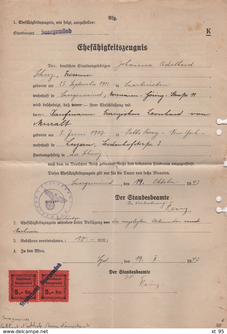 Sarreguemines - Timbres Fiscaux Locaux Sur Certifiact D Aptitude - Bureau D Enregistrement - 1943 - Rare - Guerre De 1939-45