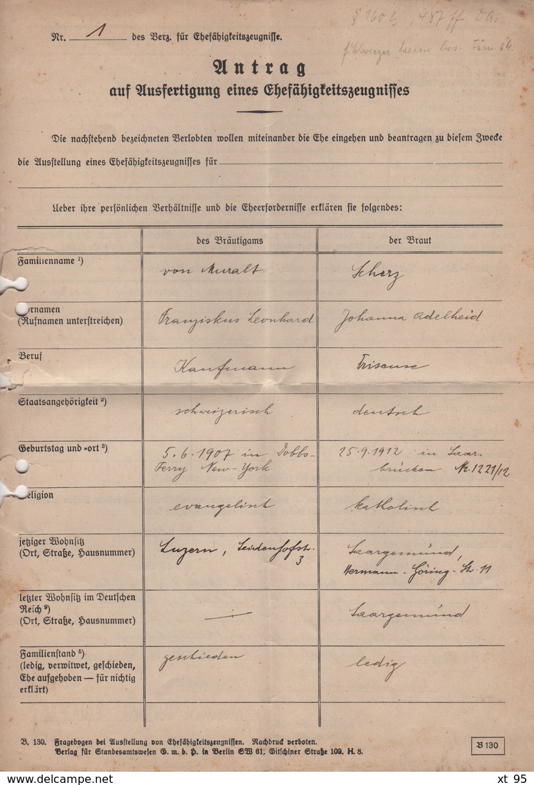 Sarreguemines - Timbres Fiscaux Locaux Sur Certifiact D Aptitude - Bureau D Enregistrement - 1943 - Rare - Guerre De 1939-45