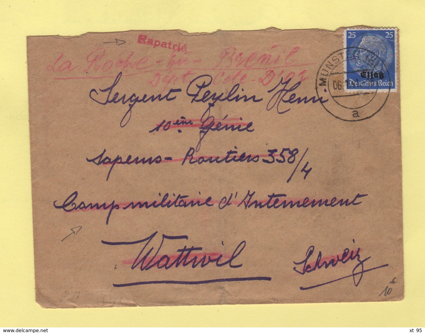 Griffe Rapatrie Sur Lettre De Munster Pour Le Camp D Internement De Wattwil - 1941 - Guerre De 1939-45