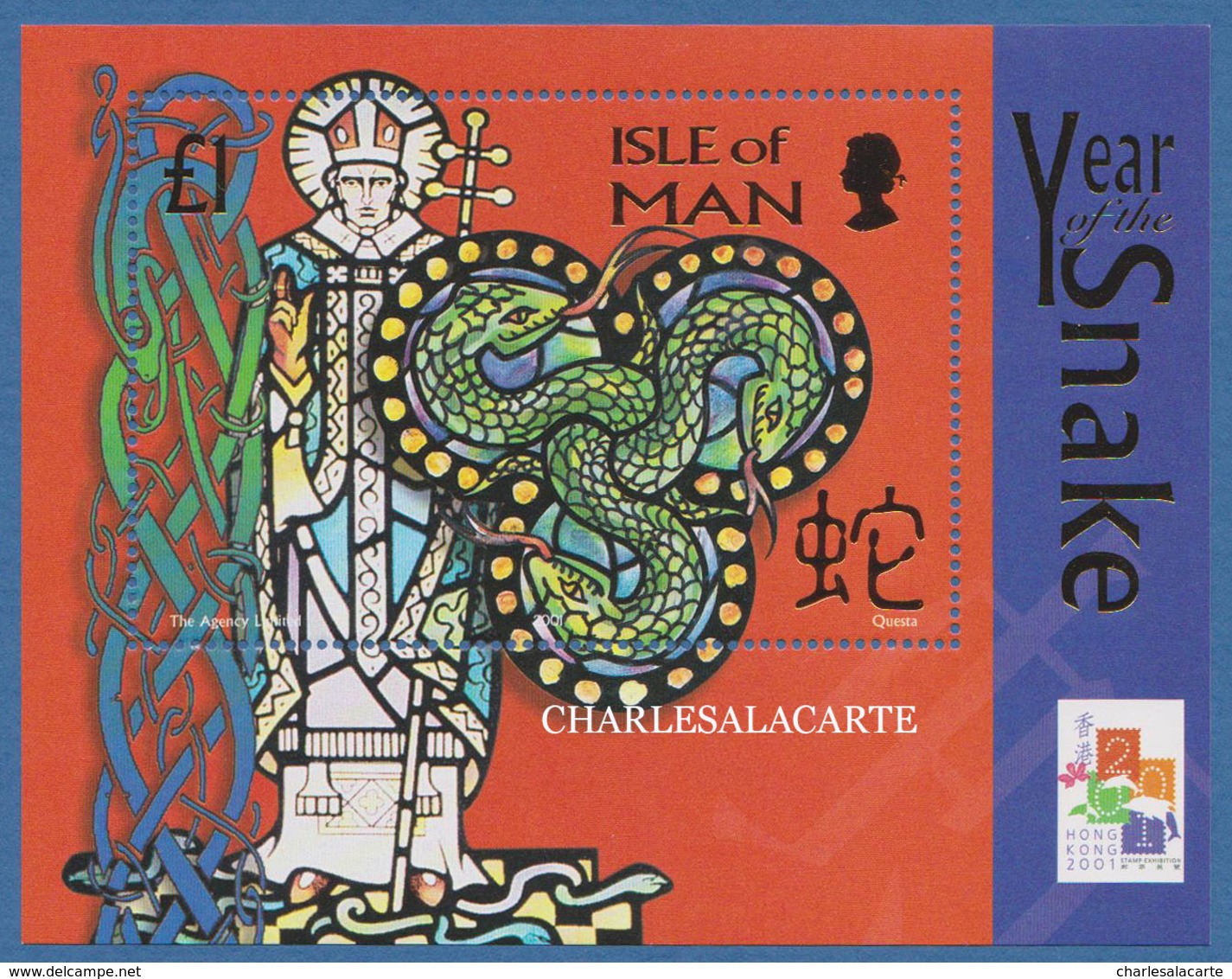 ISLE OF MAN 2001 YEAR OF THE SNAKE M.S. HONG KONG OPT.  S.G. MS 923  U.M. - Man (Ile De)