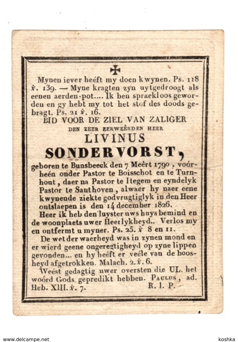 Doodsprentje -Livinus SONDERVORST - Bunsbeek 1790 / Zandhoven 1826 - Pastoor In Boisschot - Turnhout - Itegem - Zandoven - Décès