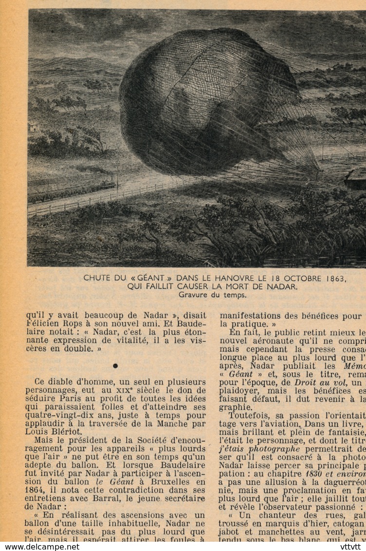 1955 : Document, NADAR, PERE DES HELICOPTERES, Chute Du Ballon "Le Géant", Nieubourg, Hanovre, Ponton D'Amécourt - Non Classificati