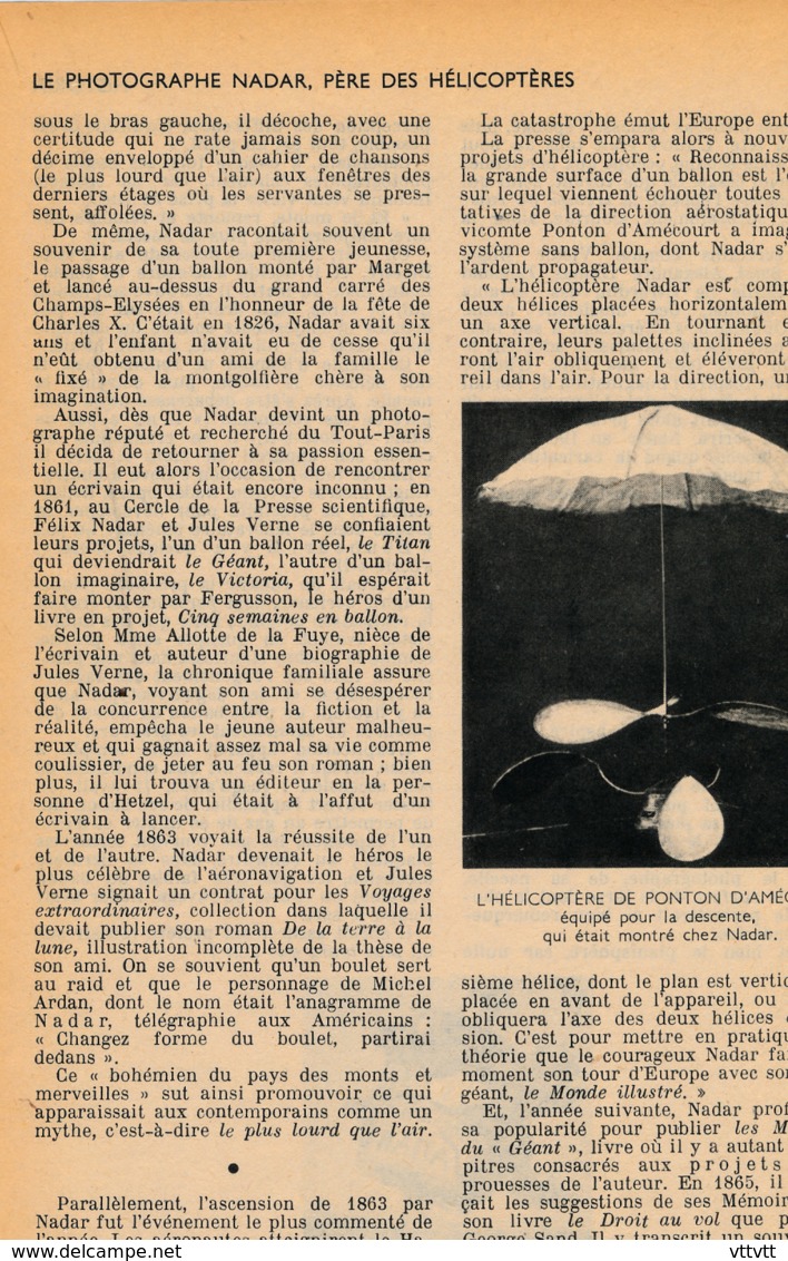 1955 : Document, NADAR, PERE DES HELICOPTERES, Chute Du Ballon "Le Géant", Nieubourg, Hanovre, Ponton D'Amécourt - Non Classificati