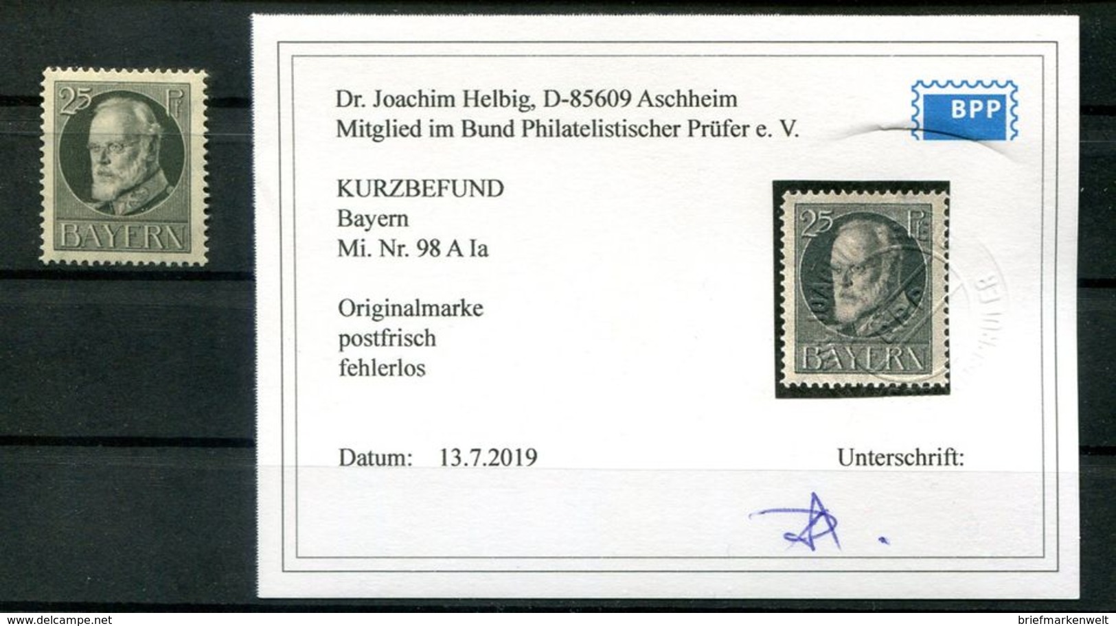 Bayern FRIEDENSDRUCK 98AIa LUXUS ** POSTFRISCH BPP BEFUND 90EUR (H1746 - Autres & Non Classés