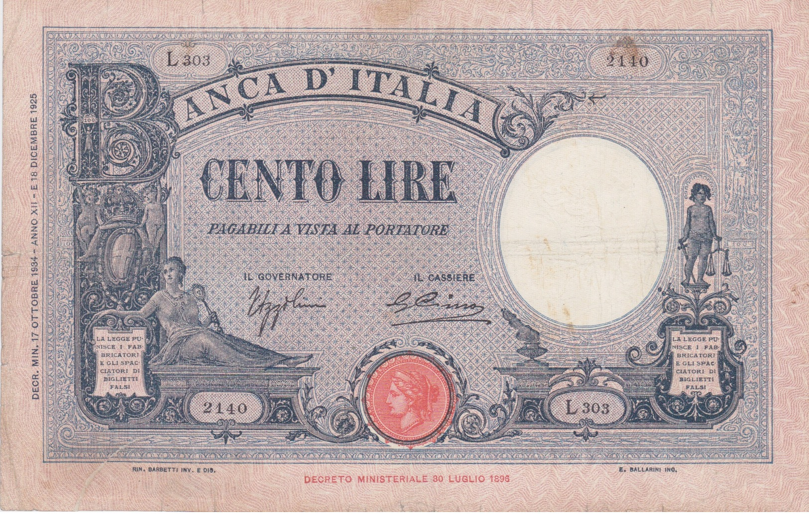 1934 - ITALIA - LIRE 100 - GRANDE B - RARA2 - 100 Lire