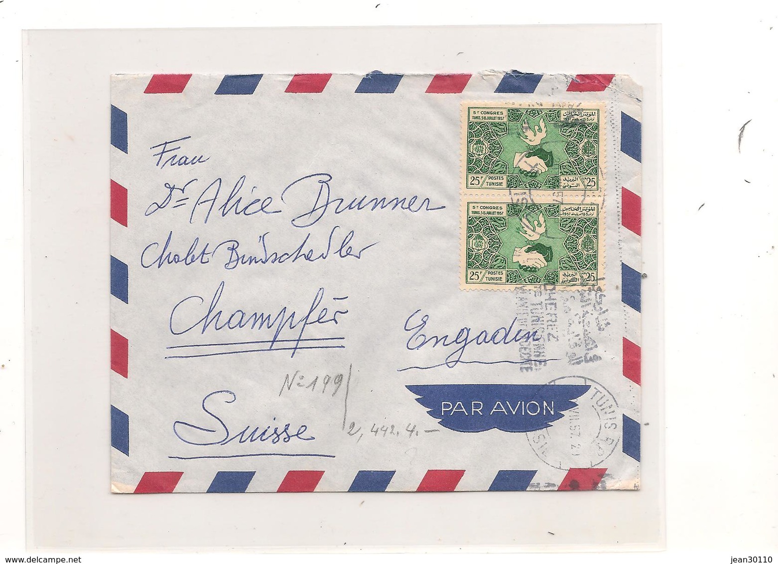 195. ENVELOPPE DE TUNIS POUR CHAMPFER ( VALL2E DE L'ENGADIN - SUISSE) - Lettres & Documents