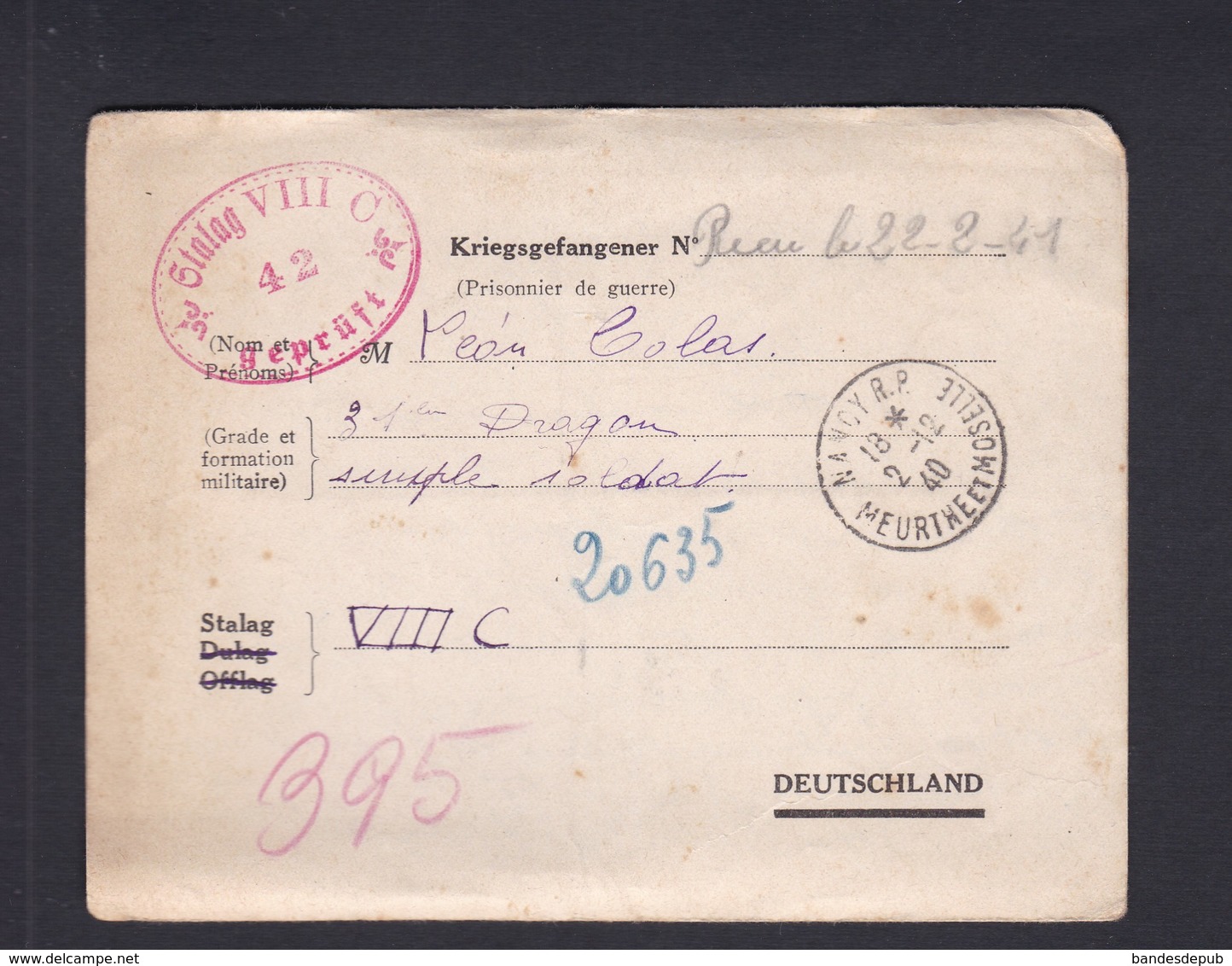 Guerre 39-45 Correspondance Mme Leon Colas Nancy à Son Mari 31è Dragon Prisonnier Stalag VIII C Kriegsgefangener - 1939-45