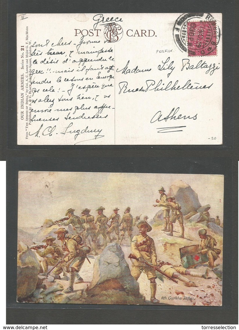 INDIA. 1919 (27 Nov) Bombay - Greece, Athens. Fkd Card, Perfin Stamp + Dest. Deal! - Sonstige & Ohne Zuordnung