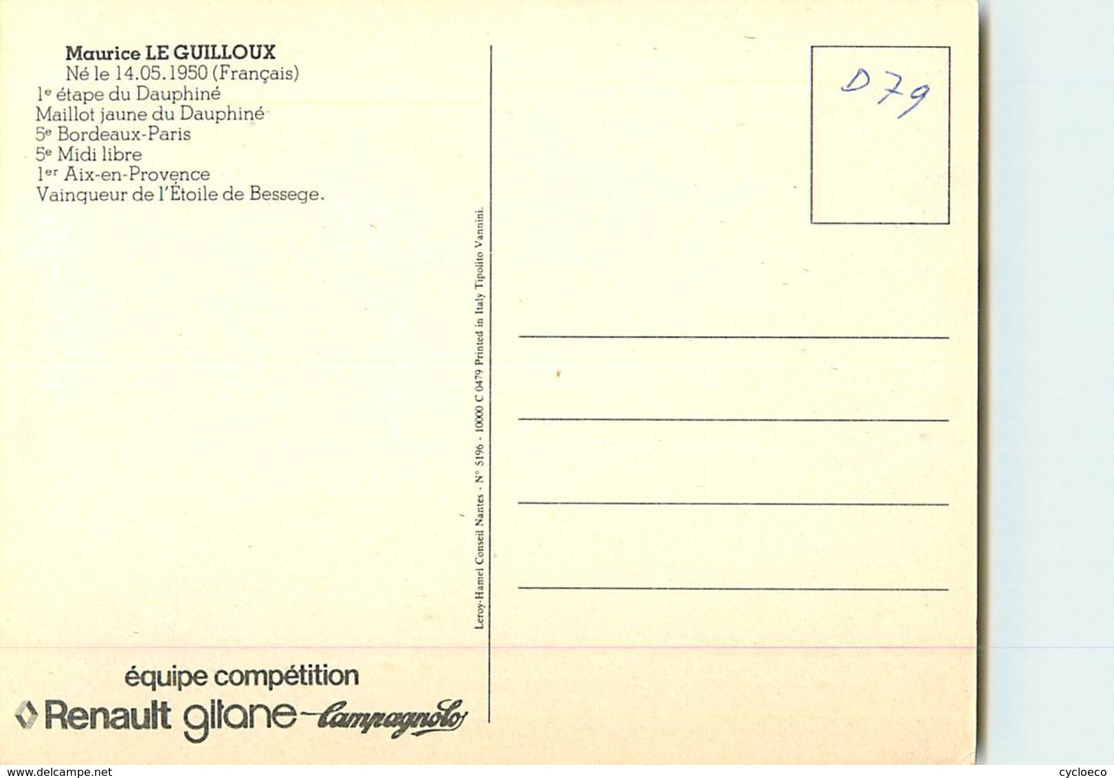 Maurice LE GUILLOUX .  2 Scans. Cyclisme. Renault Gitane 1979 - Cycling