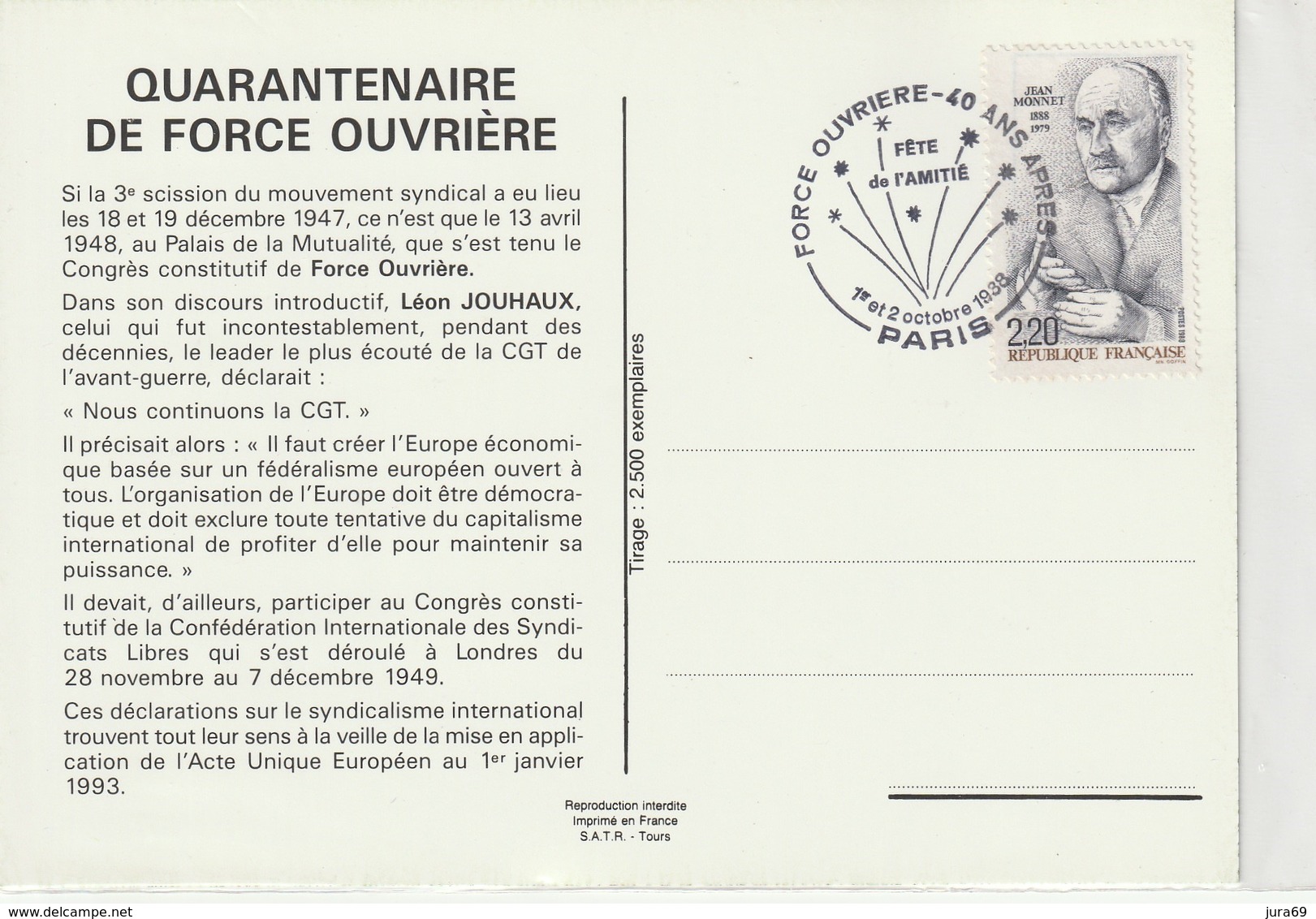 France Oblitéré 1988  Carte Quarantenaire De Force Ouvrière - 1980-1989