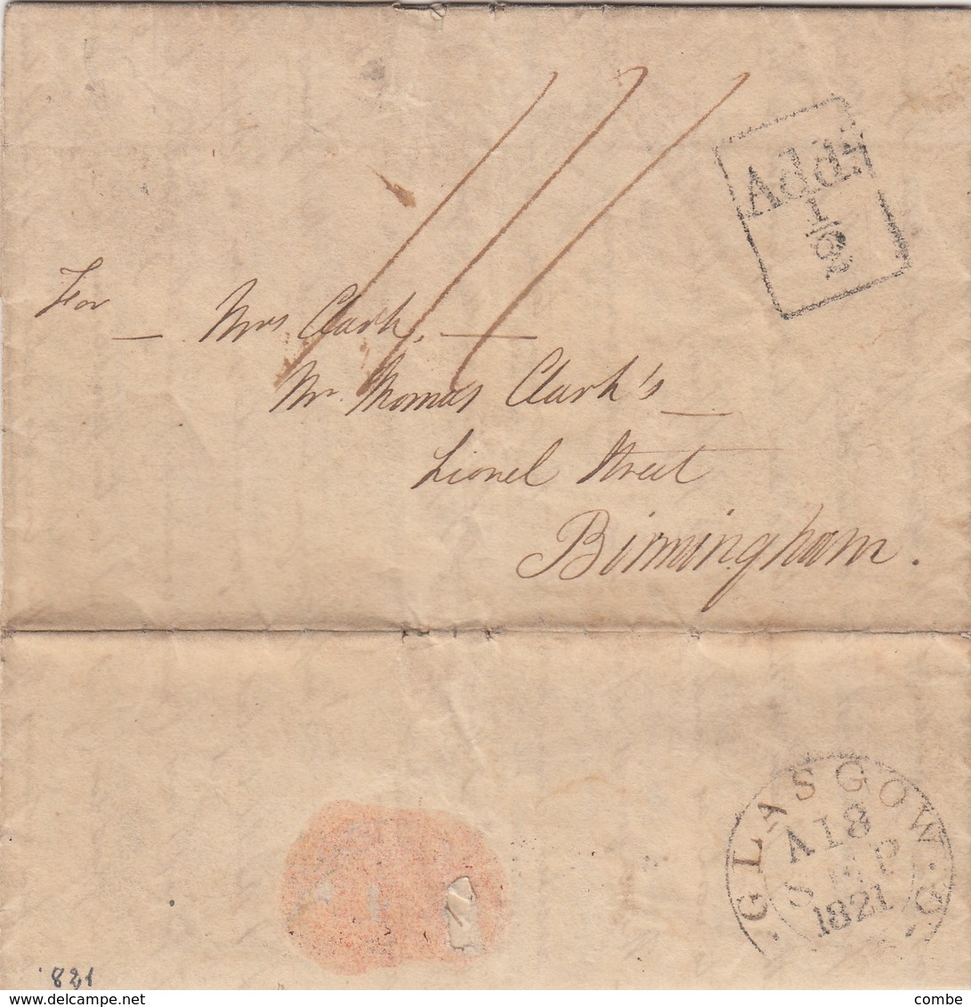 LETTRE, G-B. GLASGOW. 18 SEPT 1821. POUR BIRMINGHAM. ADD. 1/2 - ...-1840 Vorläufer