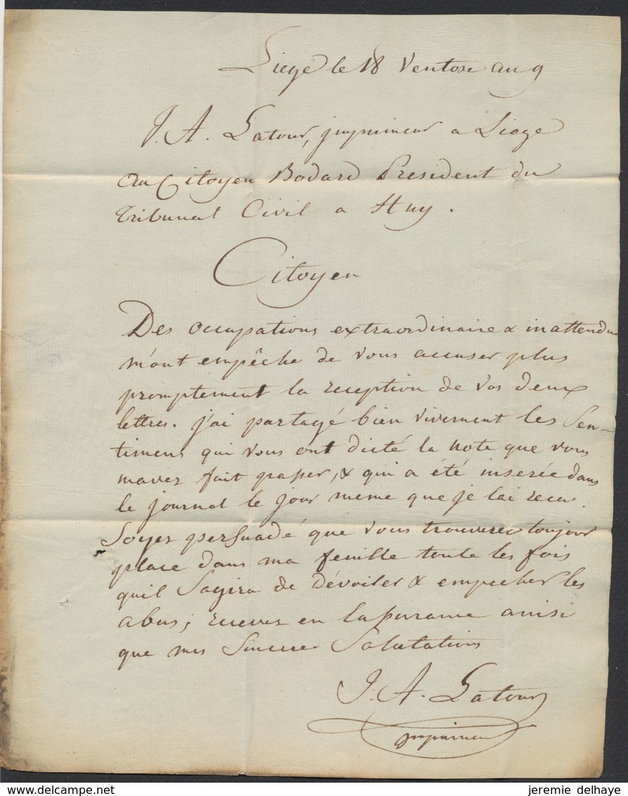 Précurseur - LAC Datée De Liège Le 18 Ventose An 9 (9/3/1801) + Obl Linéaire 96 / LIEGE > Huy (Président Du Tribunal Civ - 1794-1814 (Franse Tijd)