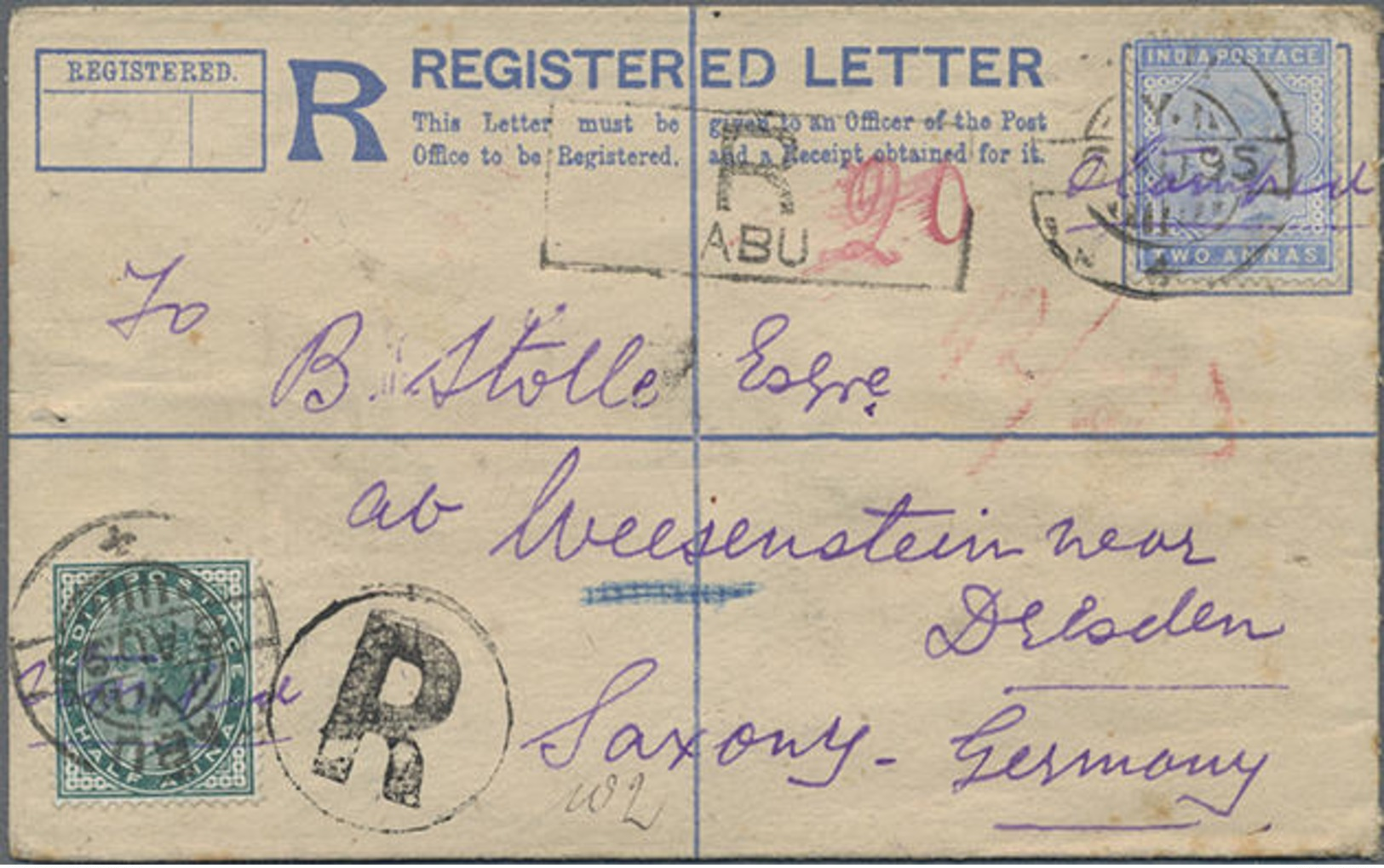 1895/1901, 2 A.Registered-GA-Umschlag Mit ZuF Und Zusätzlicher Hs.Entwertung Der Marken Von ABU Nach Sachsen, 1 Anna A.  - Other & Unclassified