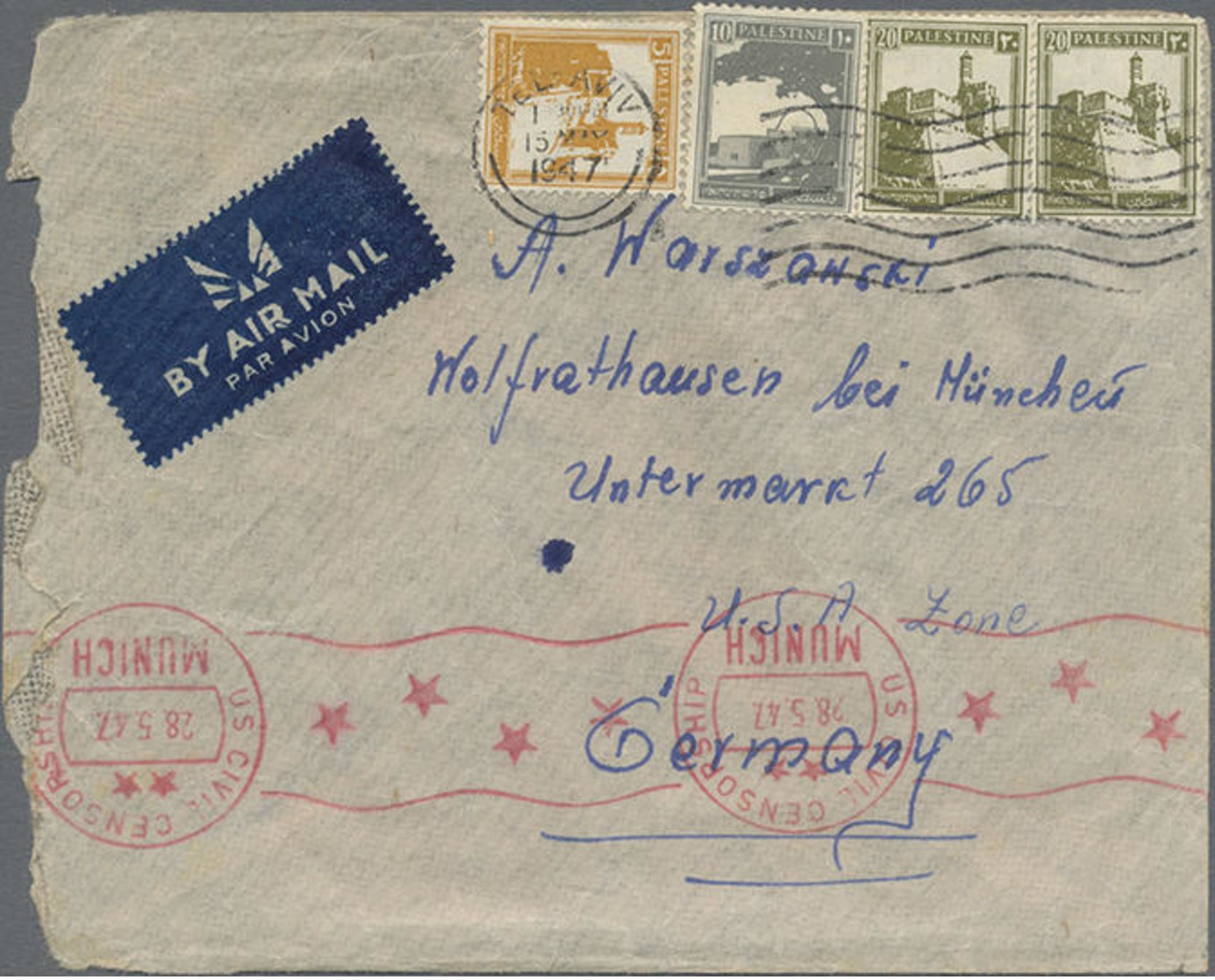 1928-47, 5 Verschiedene Bedarfsbriefe Und 1 Postkarte Aus Palästina In Die Schweiz Bzw. Nach Deutschland Gelaufen, Dabei - Palestine
