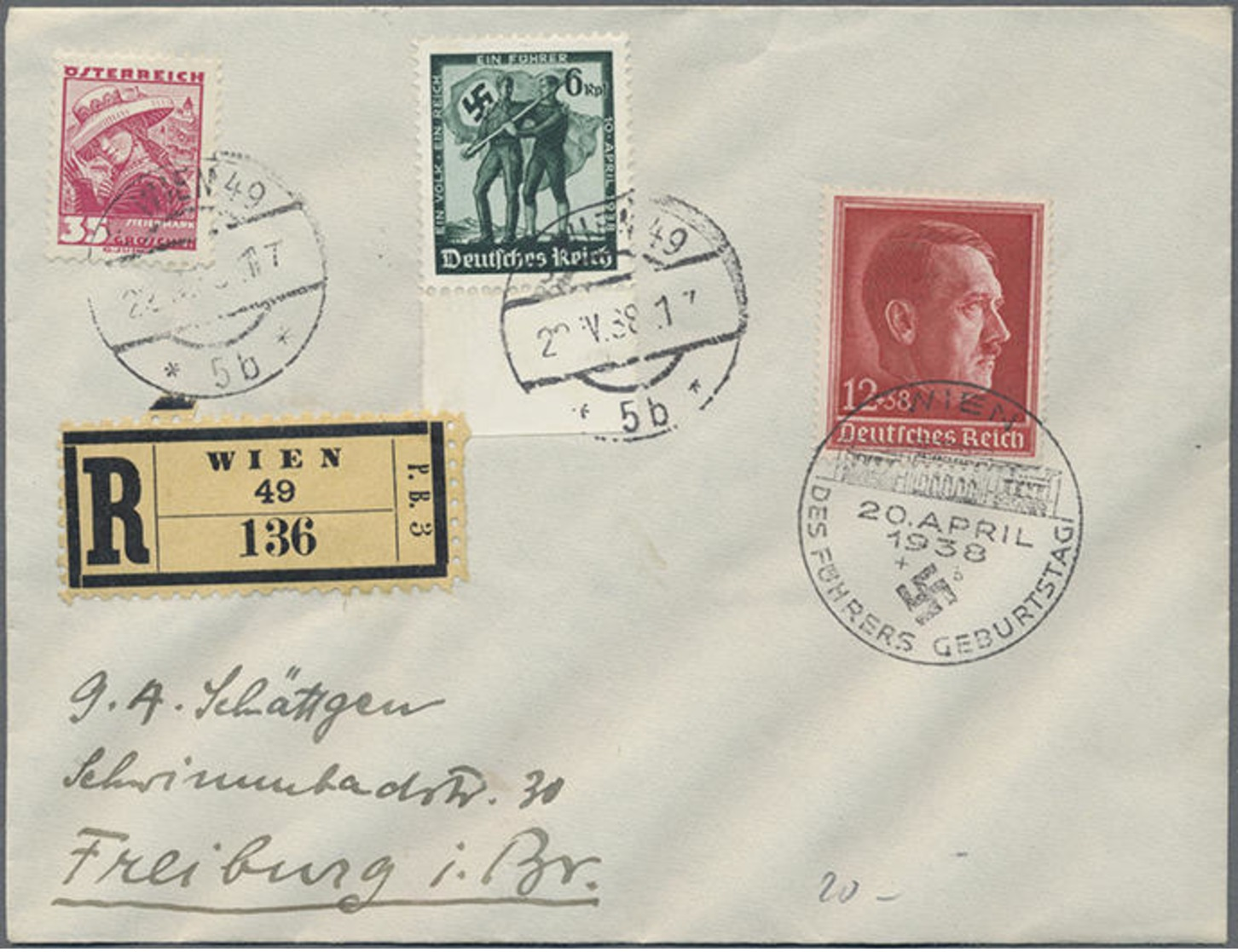 1938, 20.4.,OSTMARK,35 G Trachten In MiF Mit DR U.a. 12 Pf. Geb.A.Hitler Auf Echt Gelaufenem R-Brief Von Wien Nach Freib - Other & Unclassified