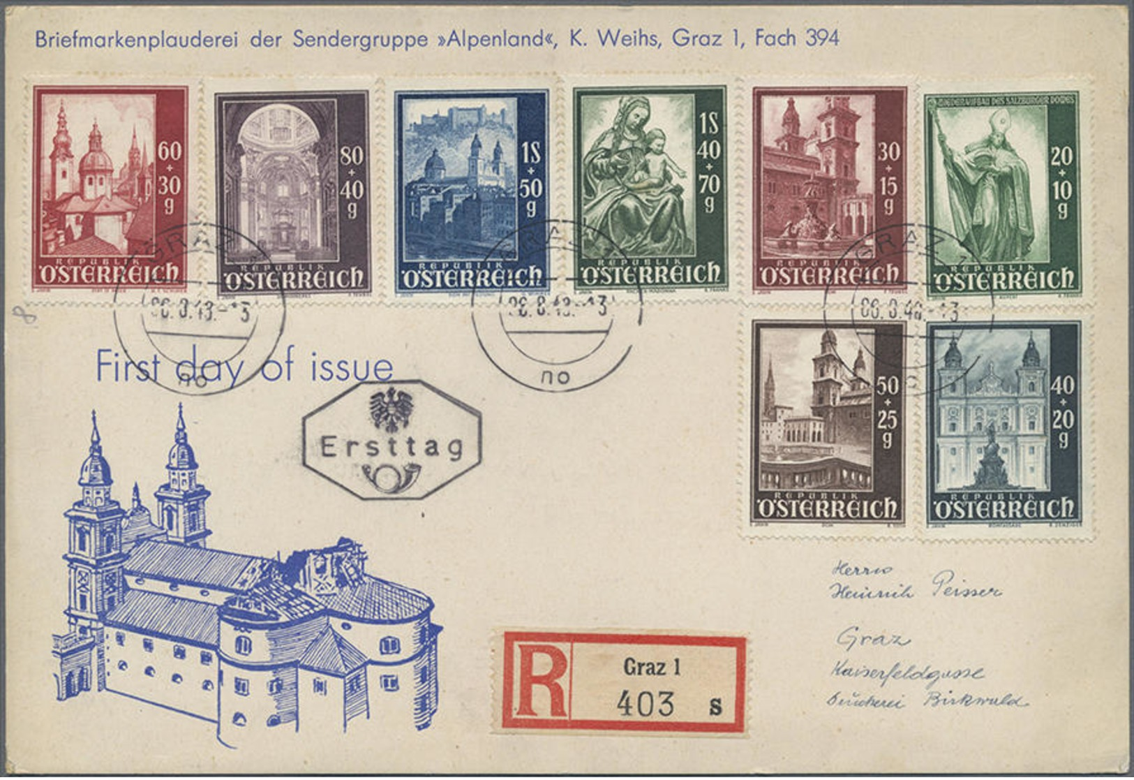 1948, Salzburger Dom Kompl. Auf Illustr. FDC Als R-Ortsbrief Von Graz,Mi. 200.- - Autres & Non Classés