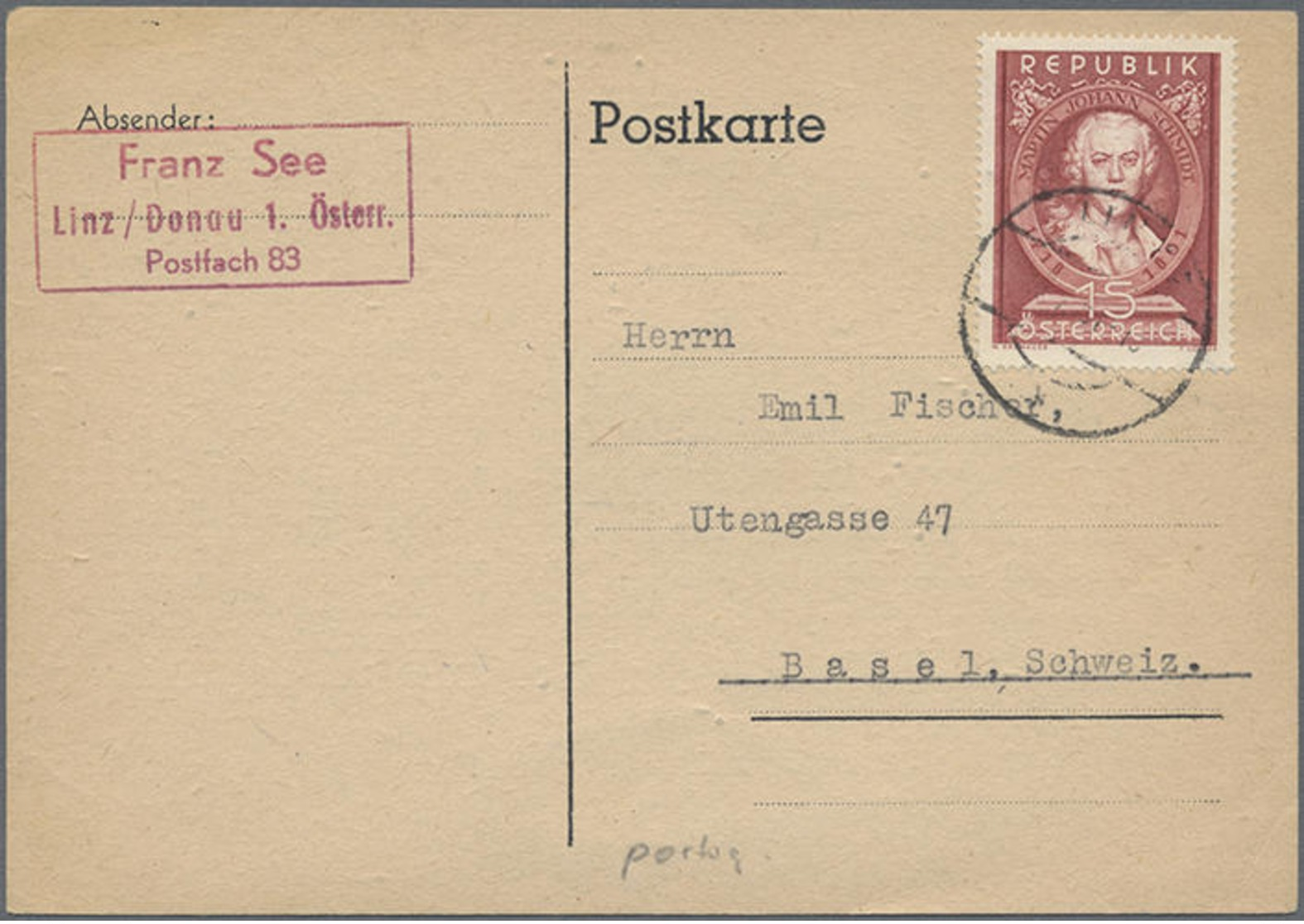 1951, 1 S. Kremser-Schmidt Als EF Auf Bedarfspostkarte Von Linz In Die Schweiz, Portogerecht Nur Ca. 2 Monate Möglich - Other & Unclassified