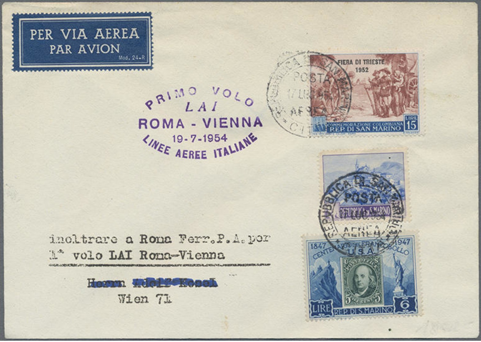 1954,19.7., LAI-Erstflug Rom-Wien Auf Drucksache-Brief Ab San Marino, Adressatname Unkenntlich Gemacht - Autres & Non Classés