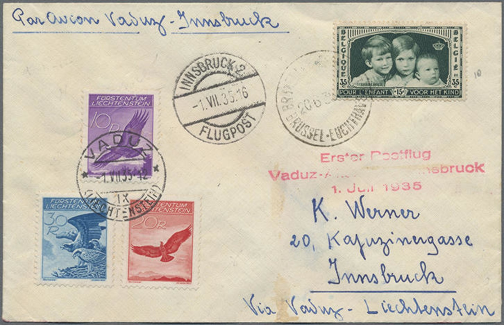 1935, Brief Aus Belgien Nach Vaduz Dort Mit Weiterfrankatur 10,20 U. 30 Rp. Flugpost Adler Mit 1.Postflug Vaduz-Altenrhe - Sonstige & Ohne Zuordnung